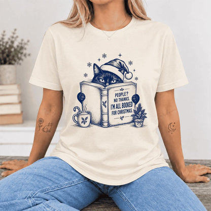 I'm All Booked For Christmas Ultra-Soft Cotton T-Shirt | Cat Lover Reader Gift Natural