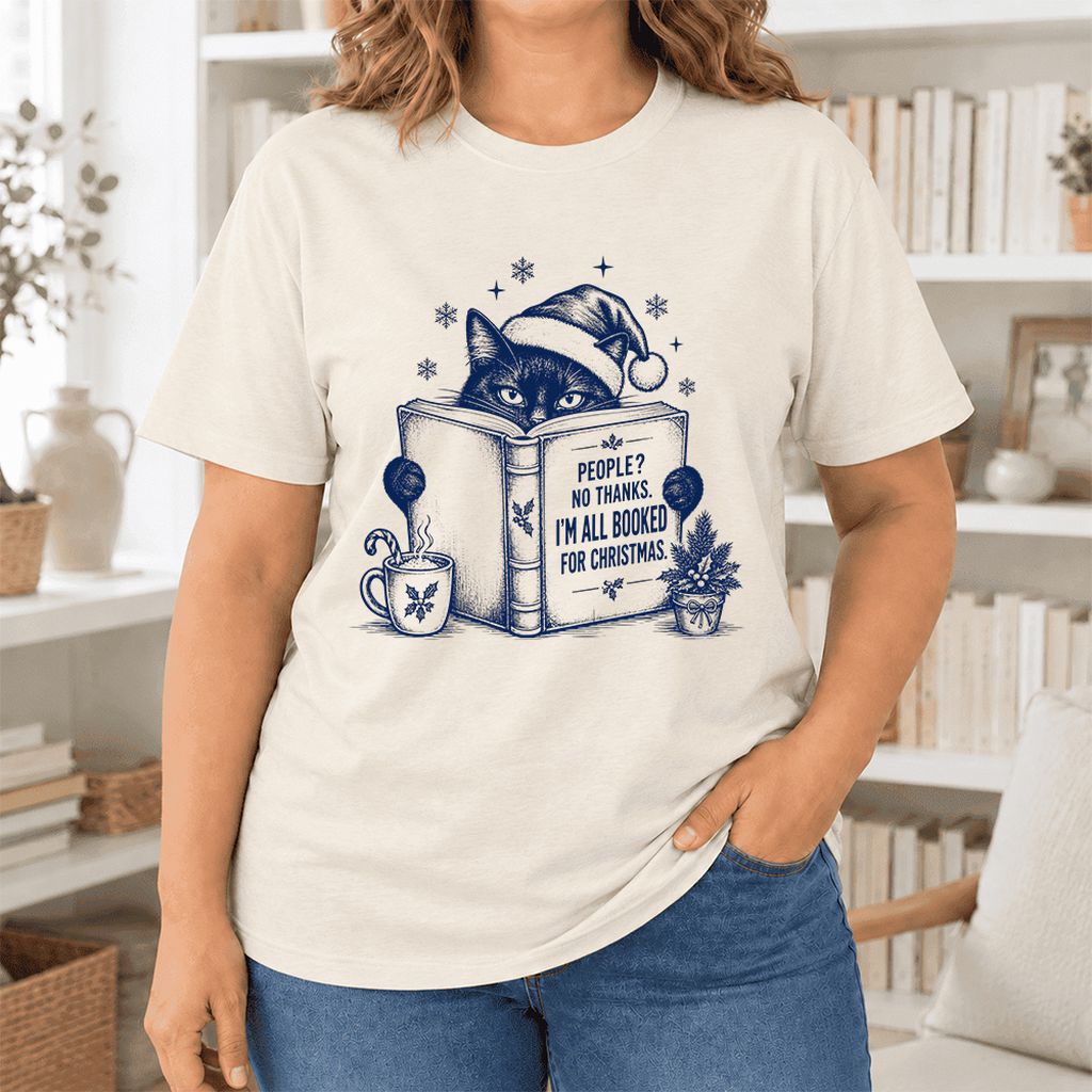I'm All Booked For Christmas Ultra-Soft Cotton T-Shirt | Cat Lover Reader Gift Natural