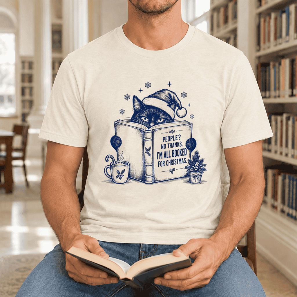 I'm All Booked For Christmas Ultra-Soft Cotton T-Shirt | Cat Lover Reader Gift Natural
