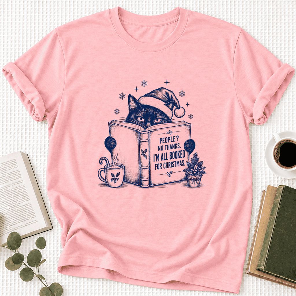 I'm All Booked For Christmas Ultra-Soft Cotton T-Shirt | Cat Lover Reader Gift Pink