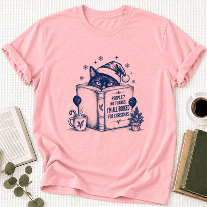 I'm All Booked For Christmas Ultra-Soft Cotton T-Shirt | Cat Lover Reader Gift Pink