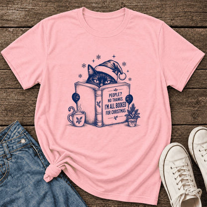 I'm All Booked For Christmas Ultra-Soft Cotton T-Shirt | Cat Lover Reader Gift Pink