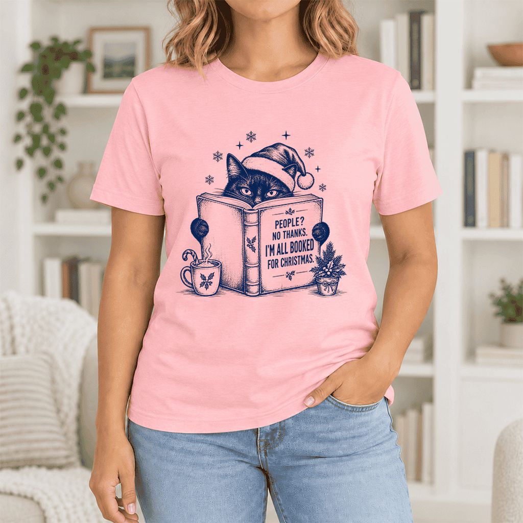 I'm All Booked For Christmas Ultra-Soft Cotton T-Shirt | Cat Lover Reader Gift Pink
