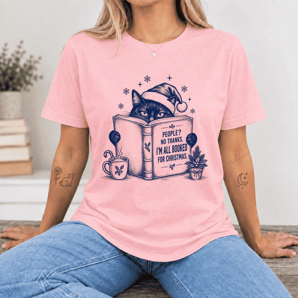 I'm All Booked For Christmas Ultra-Soft Cotton T-Shirt | Cat Lover Reader Gift Pink