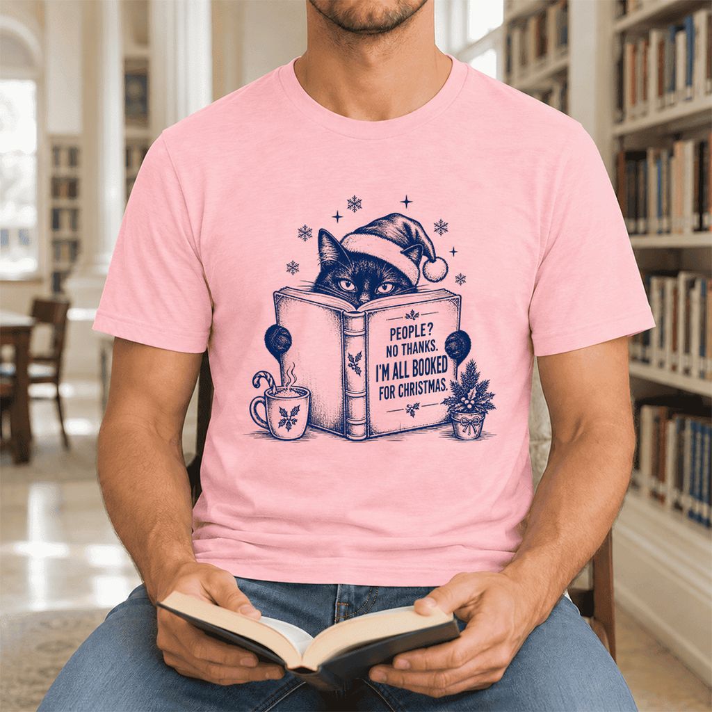 I'm All Booked For Christmas Ultra-Soft Cotton T-Shirt | Cat Lover Reader Gift Pink