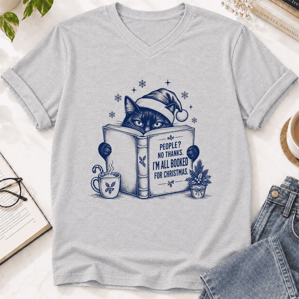 I'm All Booked For Christmas Ultra-Soft V-Neck | Cat Lover Reader Gift Ash