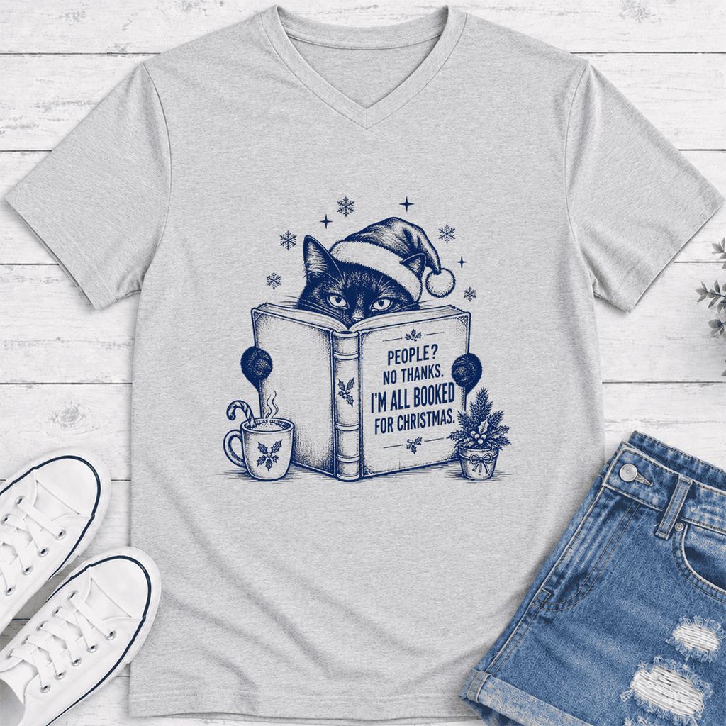 I'm All Booked For Christmas Ultra-Soft V-Neck | Cat Lover Reader Gift Ash