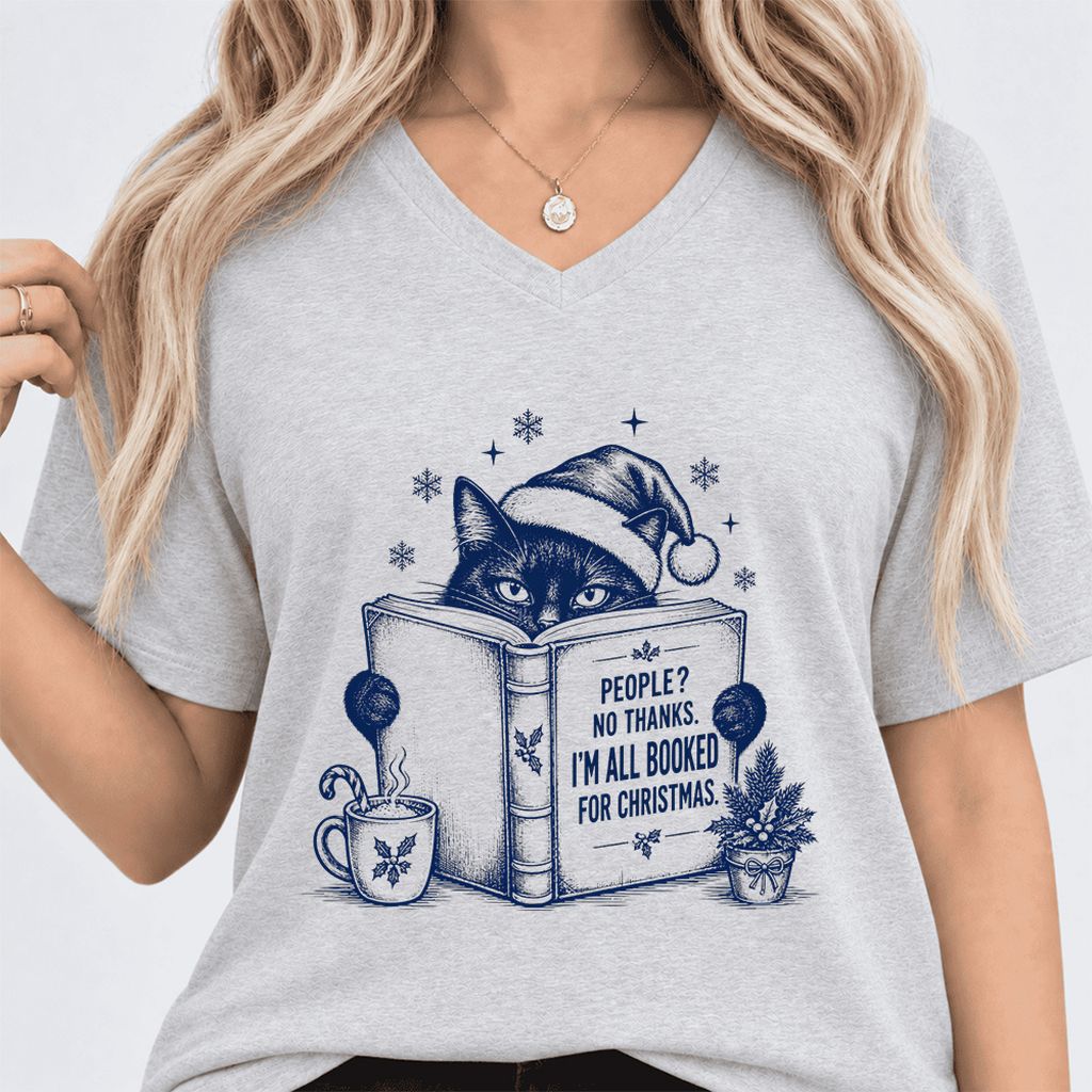 I'm All Booked For Christmas Ultra-Soft V-Neck | Cat Lover Reader Gift Ash