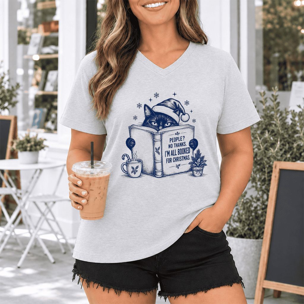 I'm All Booked For Christmas Ultra-Soft V-Neck | Cat Lover Reader Gift Ash