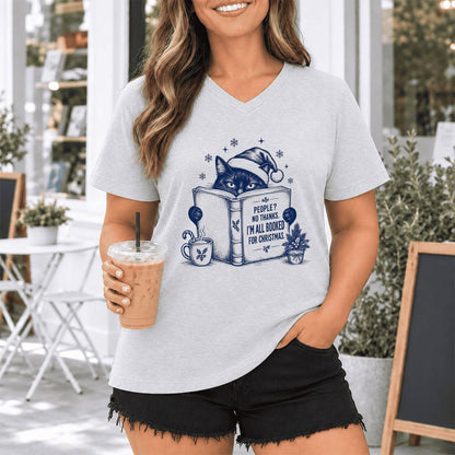 I'm All Booked For Christmas Ultra-Soft V-Neck | Cat Lover Reader Gift Ash