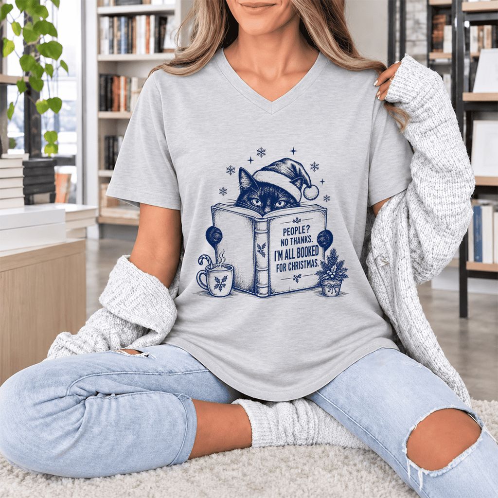 I'm All Booked For Christmas Ultra-Soft V-Neck | Cat Lover Reader Gift Ash