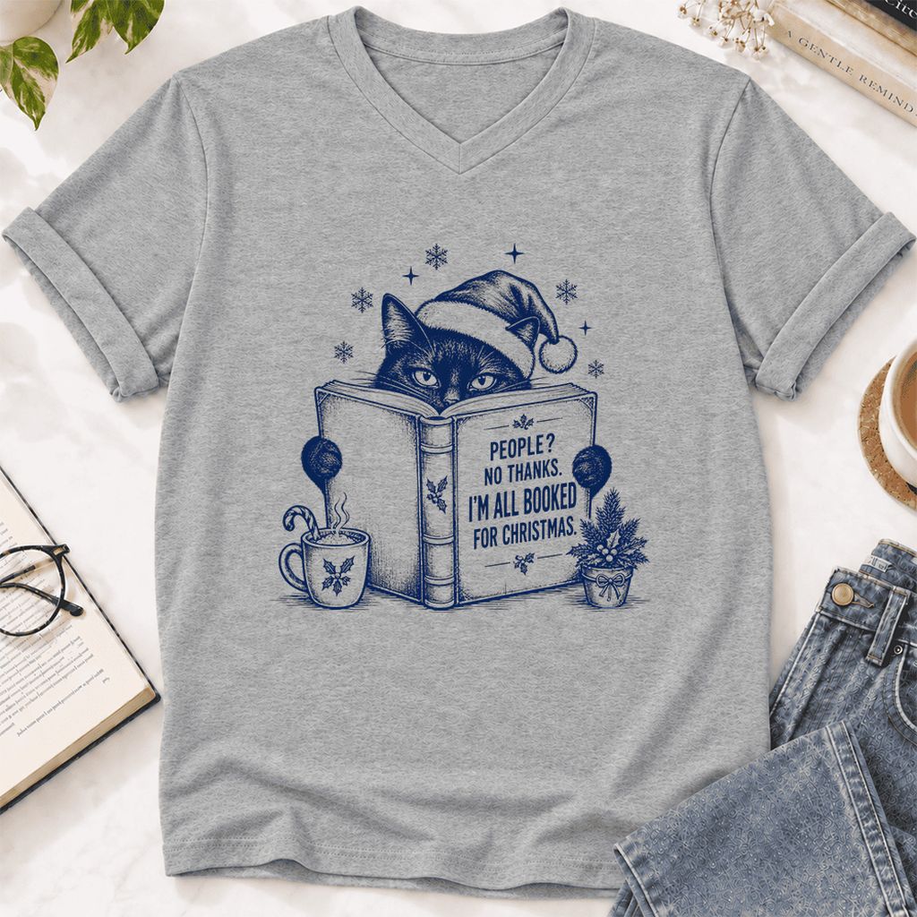 I'm All Booked For Christmas Ultra-Soft V-Neck | Cat Lover Reader Gift Athletic Heather