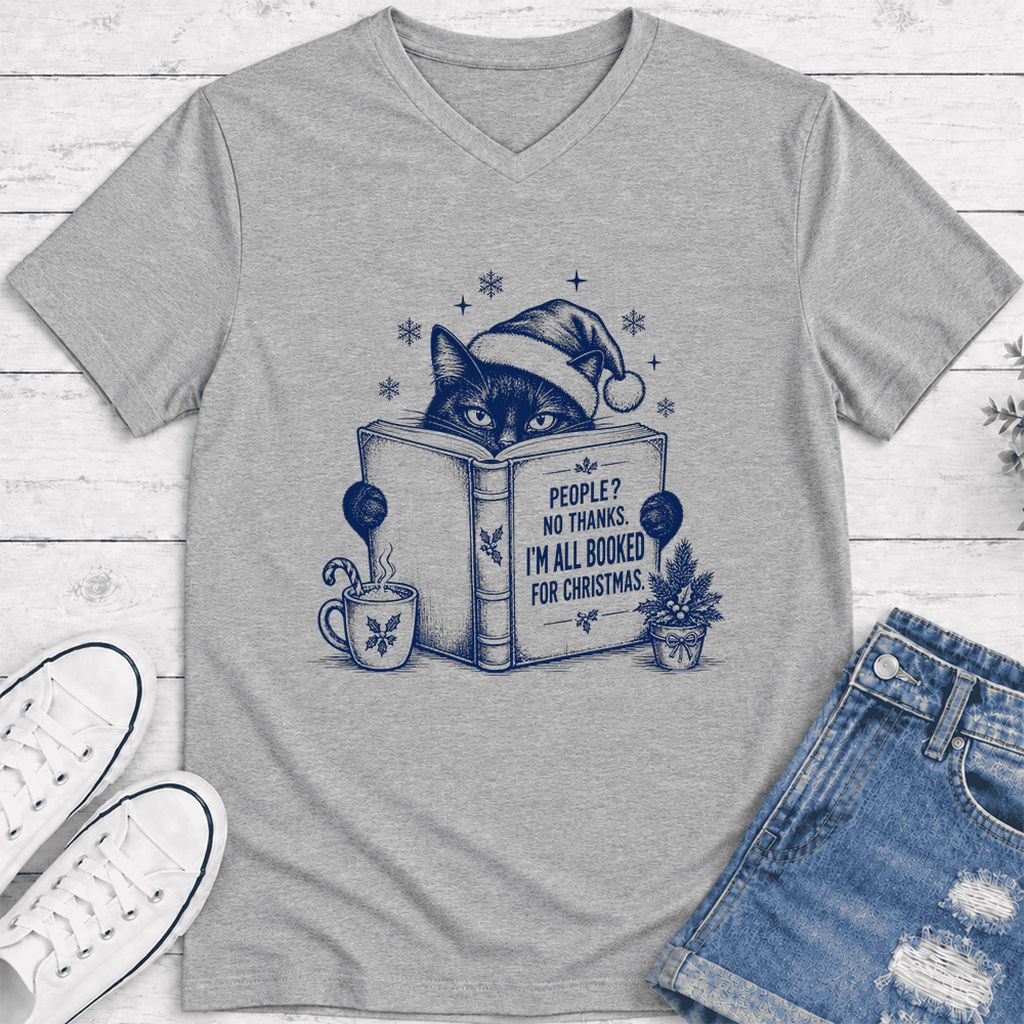 I'm All Booked For Christmas Ultra-Soft V-Neck | Cat Lover Reader Gift Athletic Heather