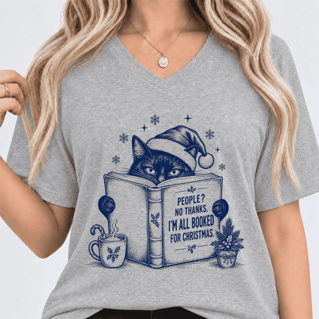 I'm All Booked For Christmas Ultra-Soft V-Neck | Cat Lover Reader Gift Athletic Heather