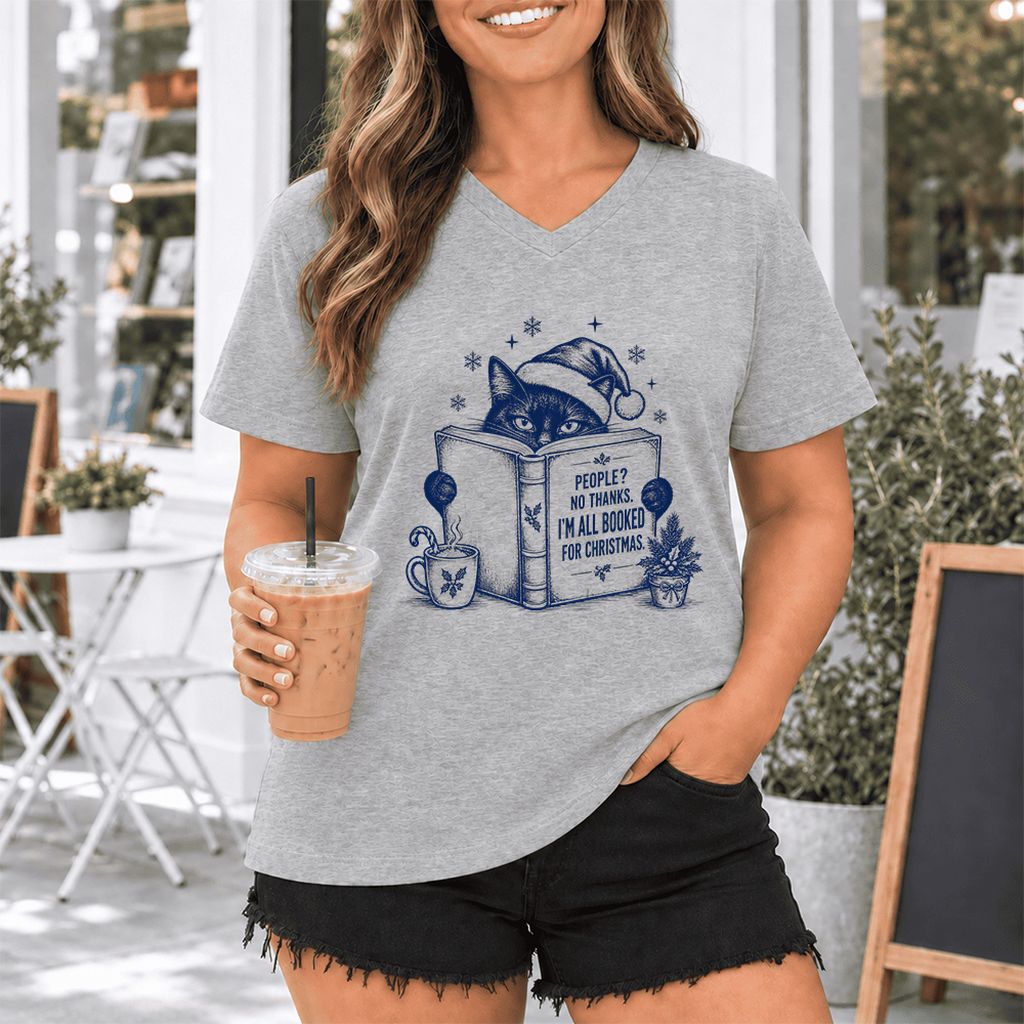 I'm All Booked For Christmas Ultra-Soft V-Neck | Cat Lover Reader Gift Athletic Heather