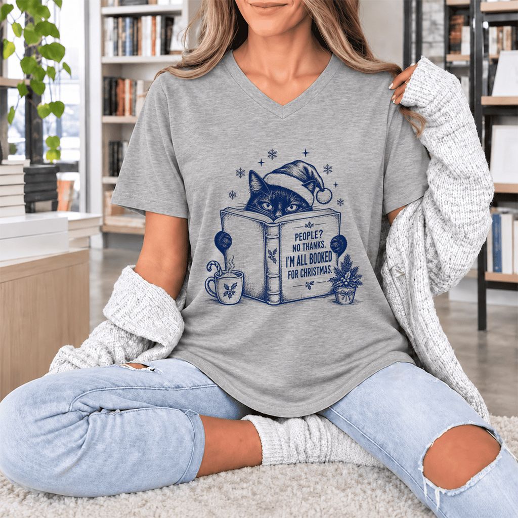 I'm All Booked For Christmas Ultra-Soft V-Neck | Cat Lover Reader Gift Athletic Heather