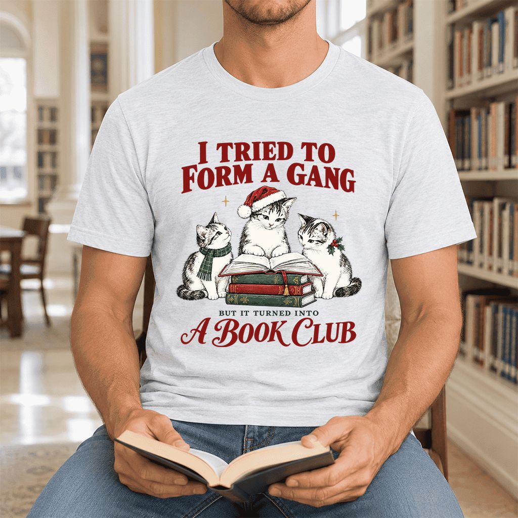 To Form A Gang Ultra-Soft Cotton T-Shirt | Christmas Cat Reader Club Gift Ash