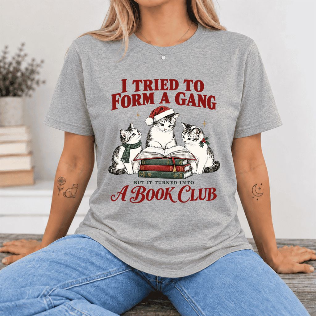 To Form A Gang Ultra-Soft Cotton T-Shirt | Christmas Cat Reader Club Gift Athletic Heather