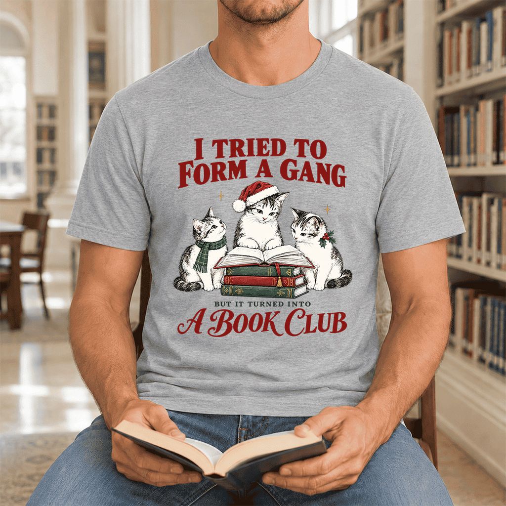 To Form A Gang Ultra-Soft Cotton T-Shirt | Christmas Cat Reader Club Gift Athletic Heather