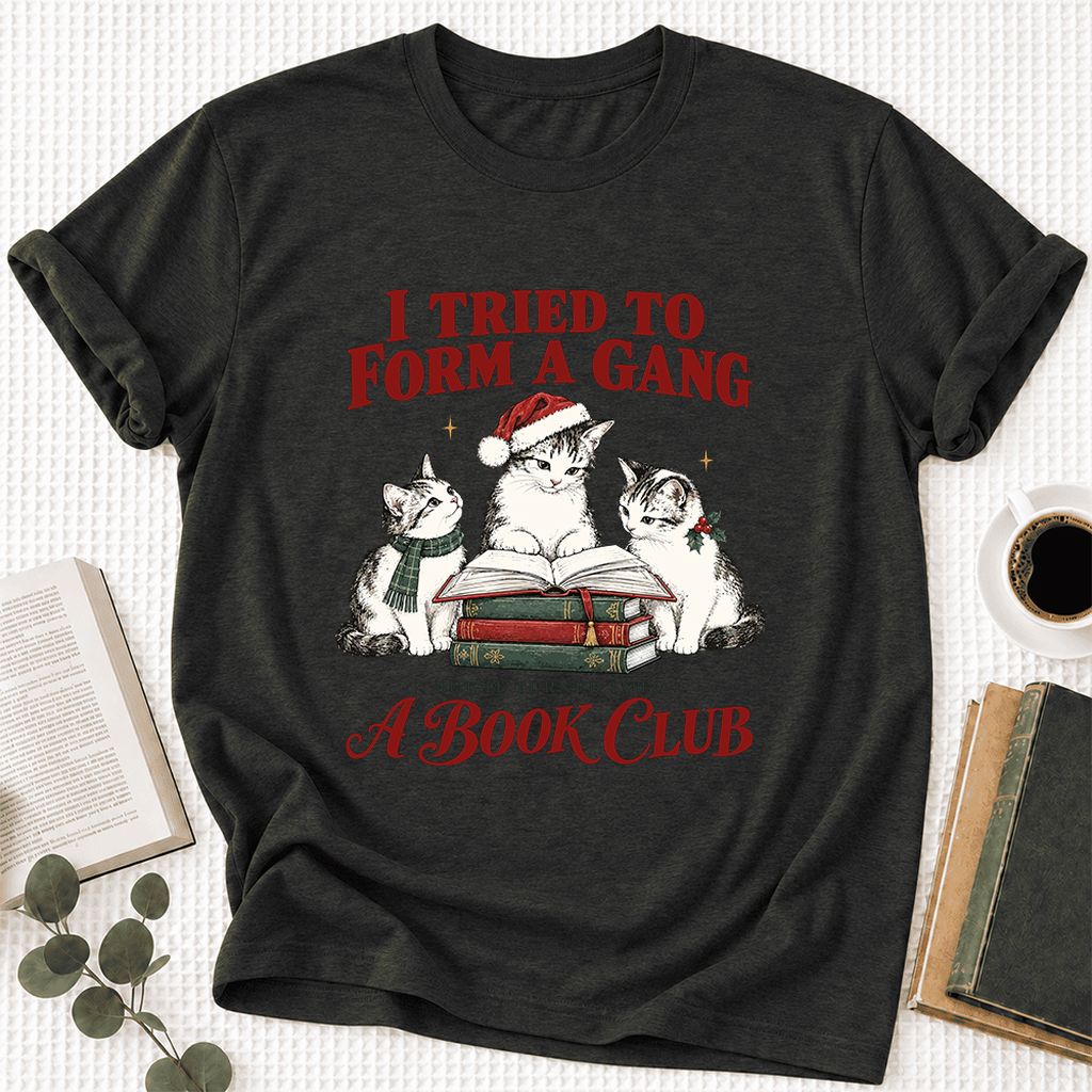 To Form A Gang Ultra-Soft Cotton T-Shirt | Christmas Cat Reader Club Gift Black Heather