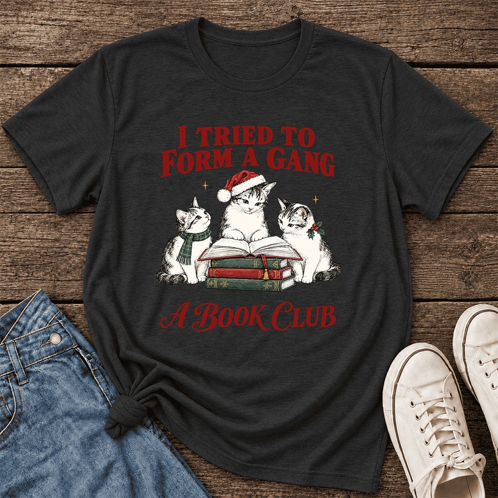 To Form A Gang Ultra-Soft Cotton T-Shirt | Christmas Cat Reader Club Gift Black Heather