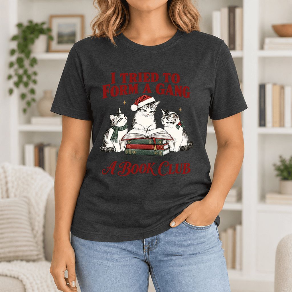 To Form A Gang Ultra-Soft Cotton T-Shirt | Christmas Cat Reader Club Gift Black Heather