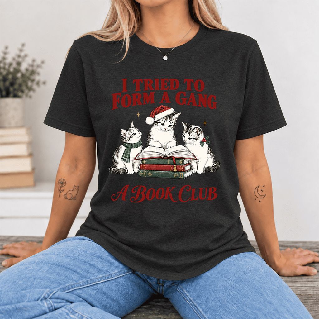 To Form A Gang Ultra-Soft Cotton T-Shirt | Christmas Cat Reader Club Gift Black Heather