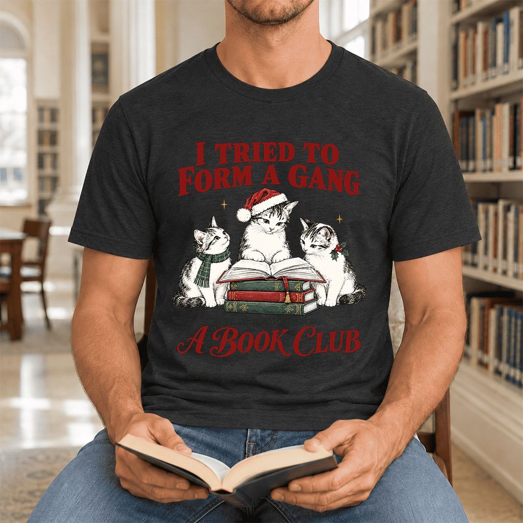 To Form A Gang Ultra-Soft Cotton T-Shirt | Christmas Cat Reader Club Gift Black Heather