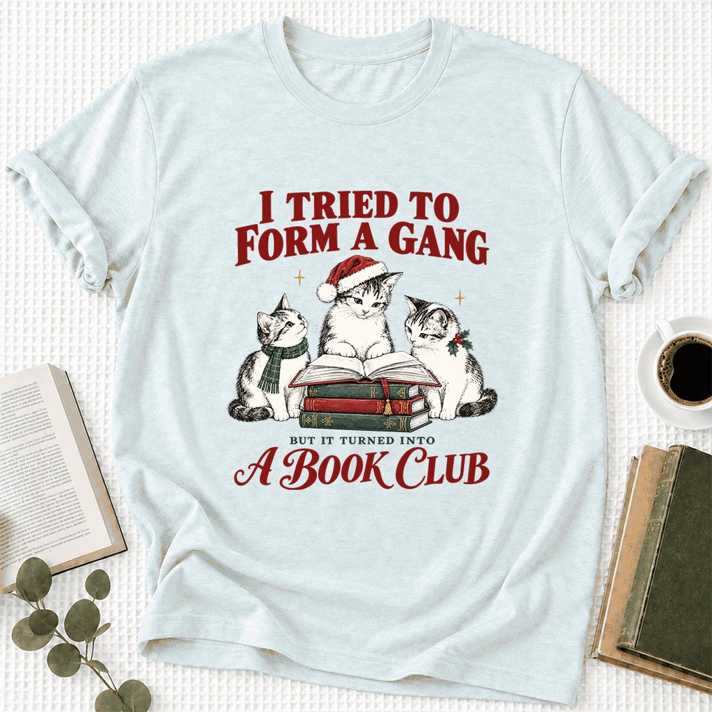 To Form A Gang Ultra-Soft Cotton T-Shirt | Christmas Cat Reader Club Gift Heather Ice Blue