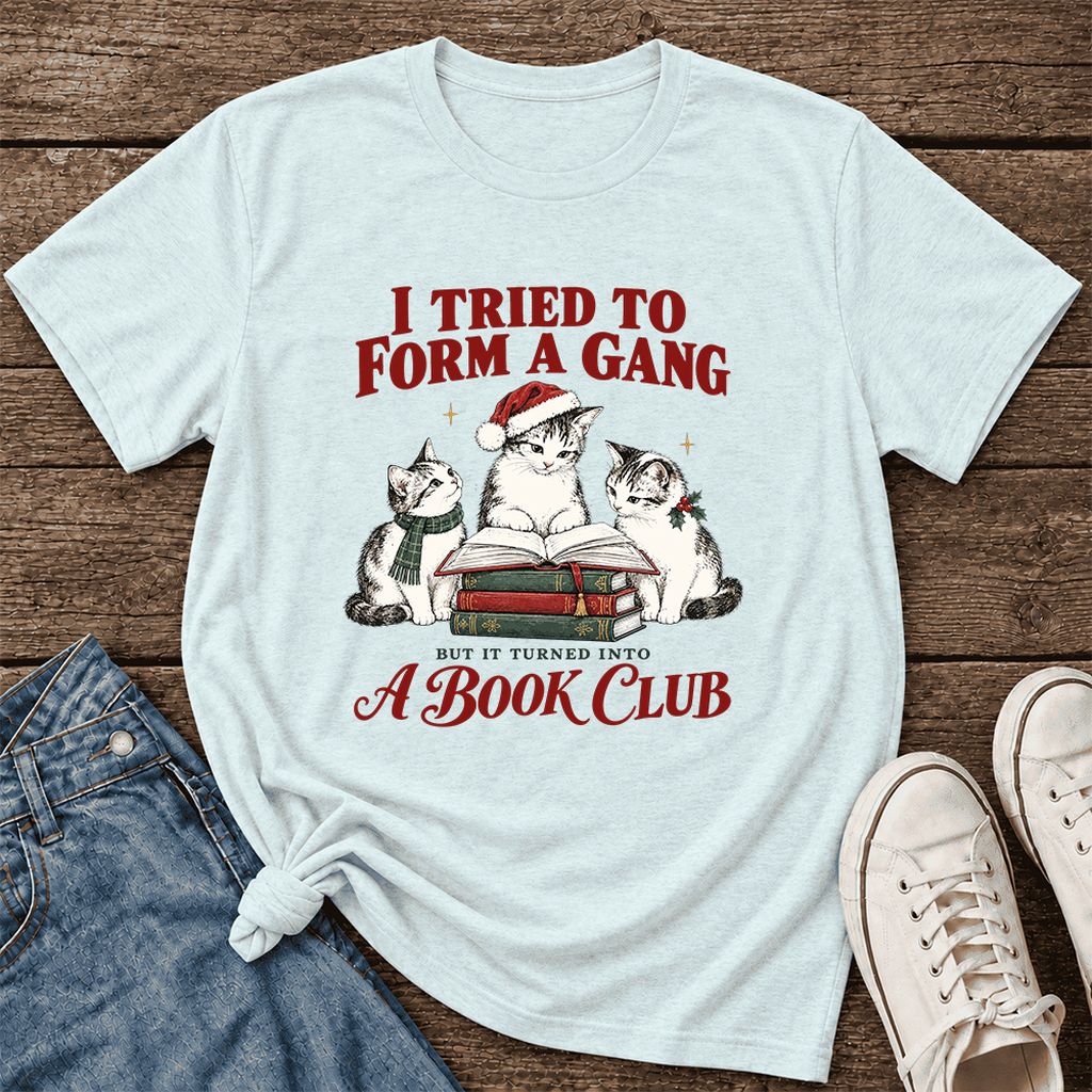 To Form A Gang Ultra-Soft Cotton T-Shirt | Christmas Cat Reader Club Gift Heather Ice Blue