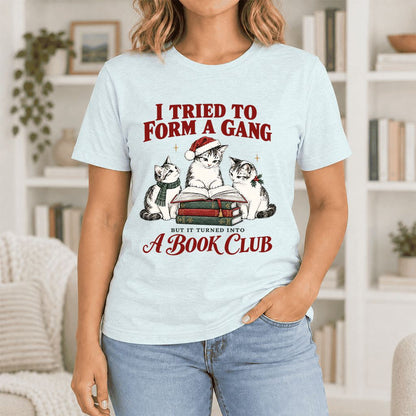To Form A Gang Ultra-Soft Cotton T-Shirt | Christmas Cat Reader Club Gift Heather Ice Blue