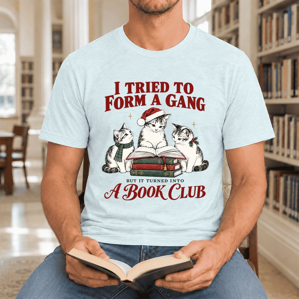 To Form A Gang Ultra-Soft Cotton T-Shirt | Christmas Cat Reader Club Gift Heather Ice Blue