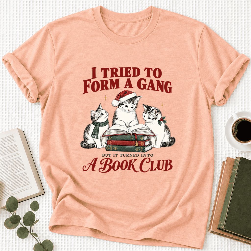 To Form A Gang Ultra-Soft Cotton T-Shirt | Christmas Cat Reader Club Gift Heather Peach