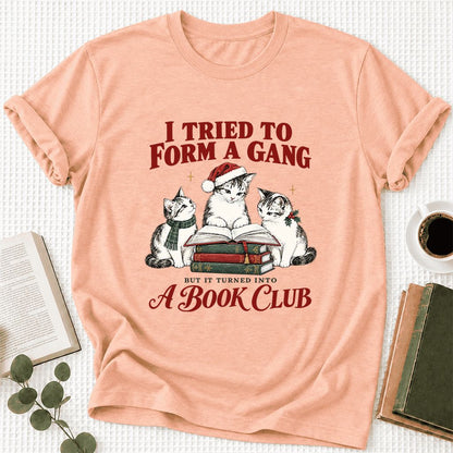 To Form A Gang Ultra-Soft Cotton T-Shirt | Christmas Cat Reader Club Gift Heather Peach