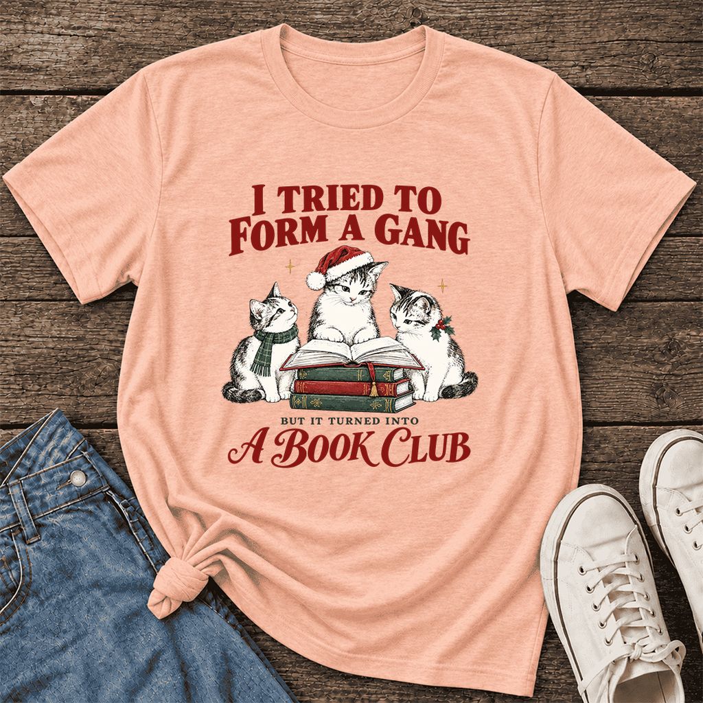 To Form A Gang Ultra-Soft Cotton T-Shirt | Christmas Cat Reader Club Gift Heather Peach