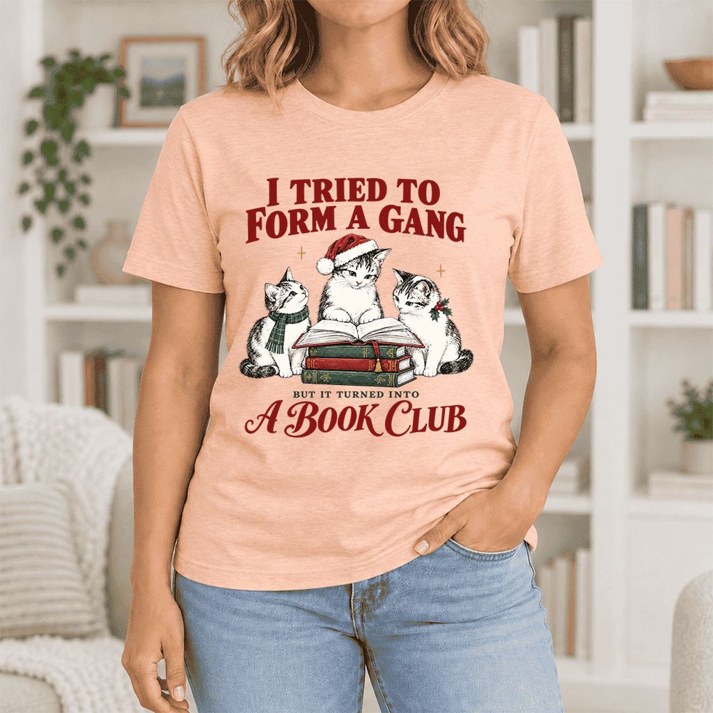 To Form A Gang Ultra-Soft Cotton T-Shirt | Christmas Cat Reader Club Gift Heather Peach