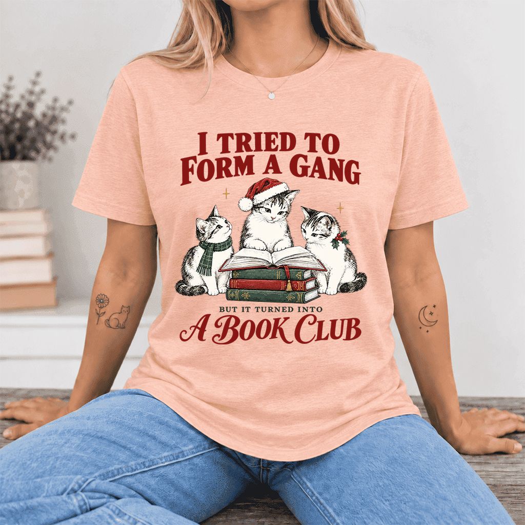 To Form A Gang Ultra-Soft Cotton T-Shirt | Christmas Cat Reader Club Gift Heather Peach
