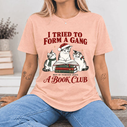 To Form A Gang Ultra-Soft Cotton T-Shirt | Christmas Cat Reader Club Gift Heather Peach
