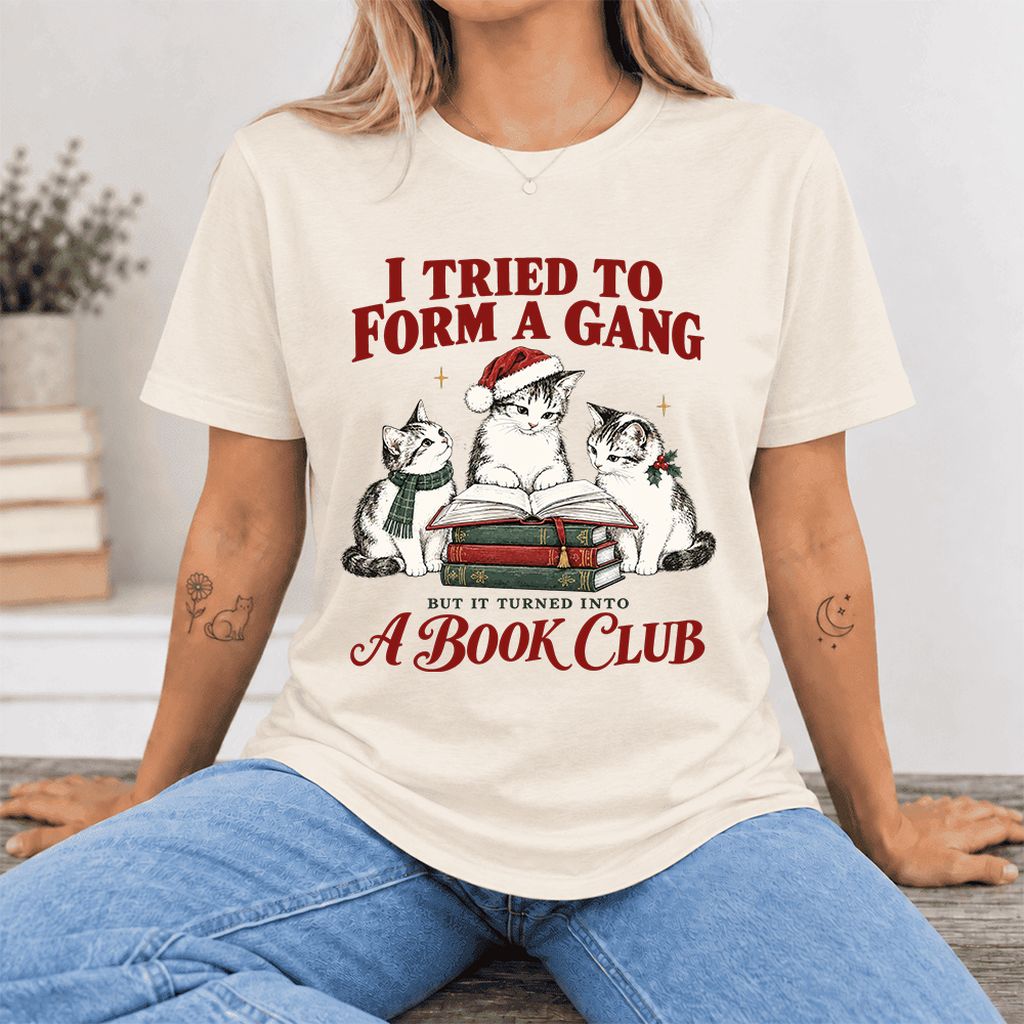 To Form A Gang Ultra-Soft Cotton T-Shirt | Christmas Cat Reader Club Gift Natural