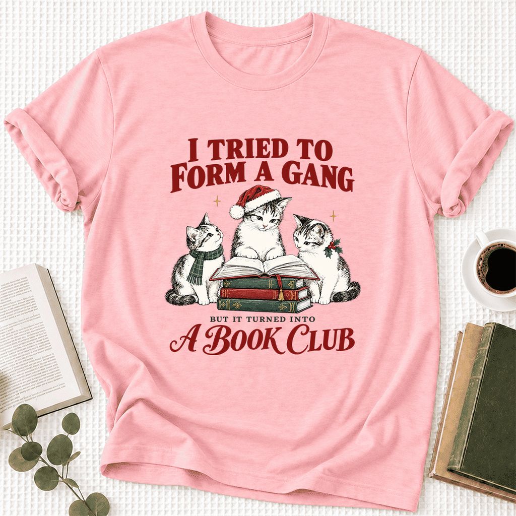 To Form A Gang Ultra-Soft Cotton T-Shirt | Christmas Cat Reader Club Gift Pink