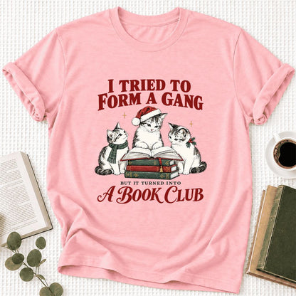 To Form A Gang Ultra-Soft Cotton T-Shirt | Christmas Cat Reader Club Gift Pink