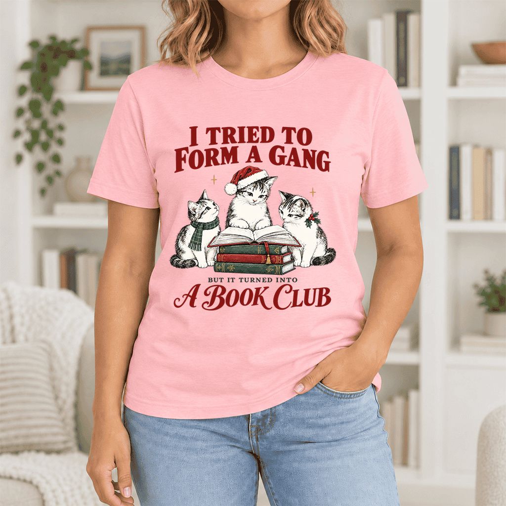 To Form A Gang Ultra-Soft Cotton T-Shirt | Christmas Cat Reader Club Gift Pink