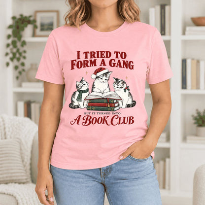 To Form A Gang Ultra-Soft Cotton T-Shirt | Christmas Cat Reader Club Gift Pink