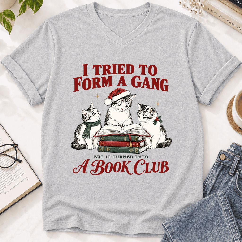 I Tried To Form A Gang Ultra-Soft V-Neck | Christmas Cat Reader Club Gift Ash