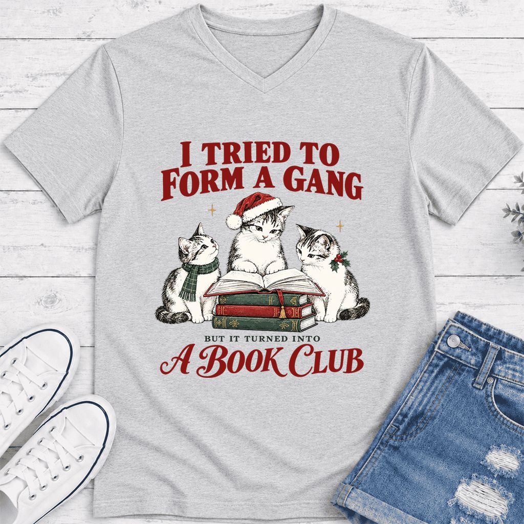 I Tried To Form A Gang Ultra-Soft V-Neck | Christmas Cat Reader Club Gift Ash