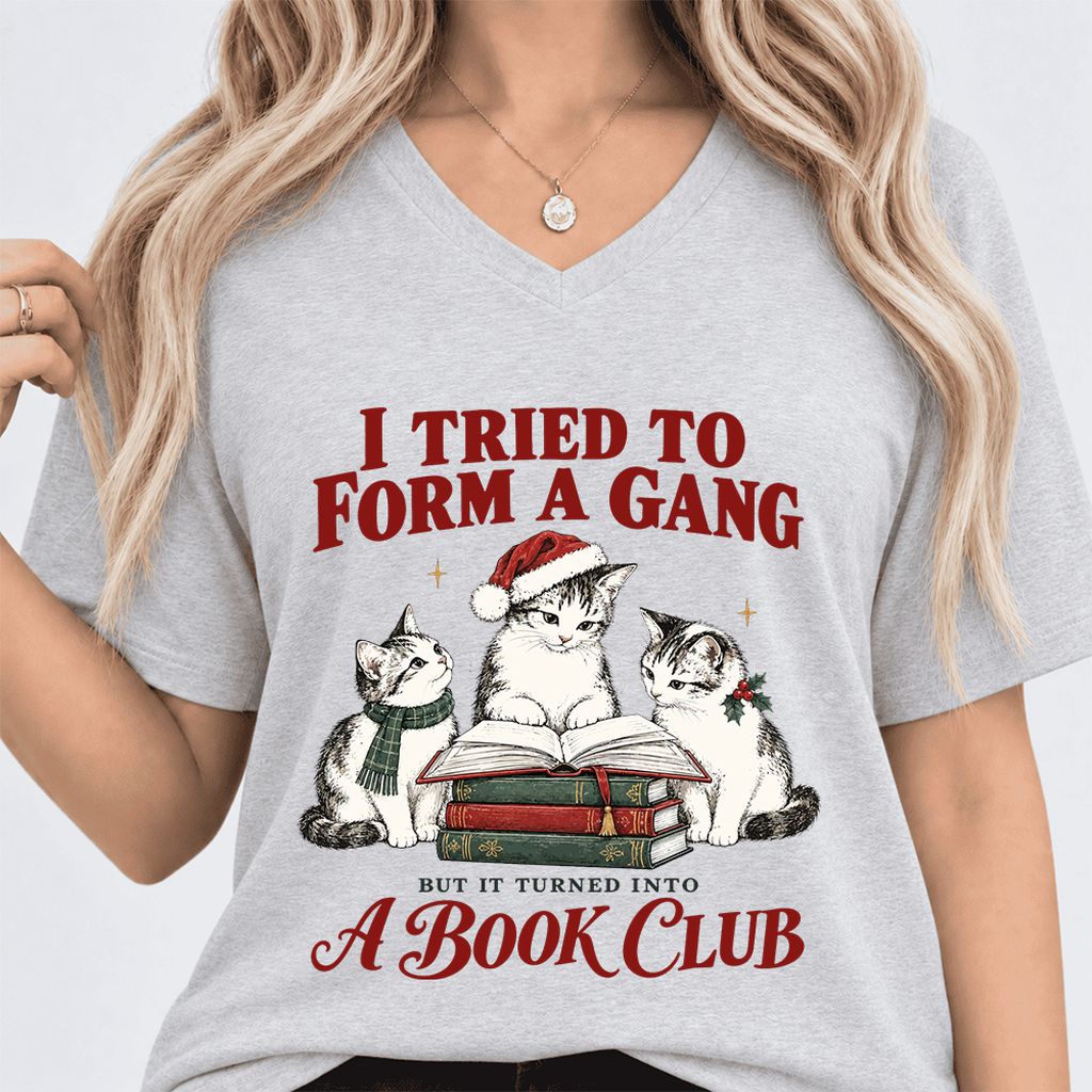 I Tried To Form A Gang Ultra-Soft V-Neck | Christmas Cat Reader Club Gift Ash