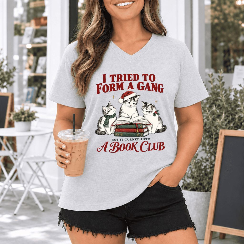 I Tried To Form A Gang Ultra-Soft V-Neck | Christmas Cat Reader Club Gift Ash