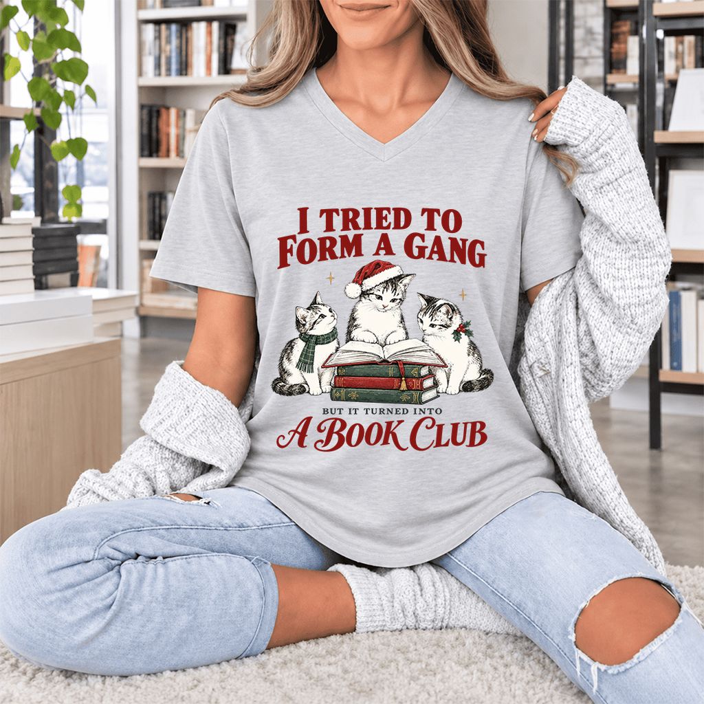 I Tried To Form A Gang Ultra-Soft V-Neck | Christmas Cat Reader Club Gift Ash