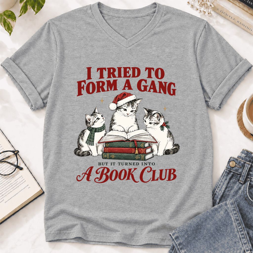 I Tried To Form A Gang Ultra-Soft V-Neck | Christmas Cat Reader Club Gift Athletic Heather