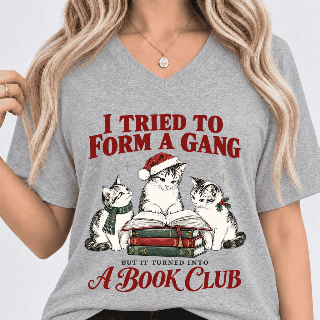 I Tried To Form A Gang Ultra-Soft V-Neck | Christmas Cat Reader Club Gift Athletic Heather